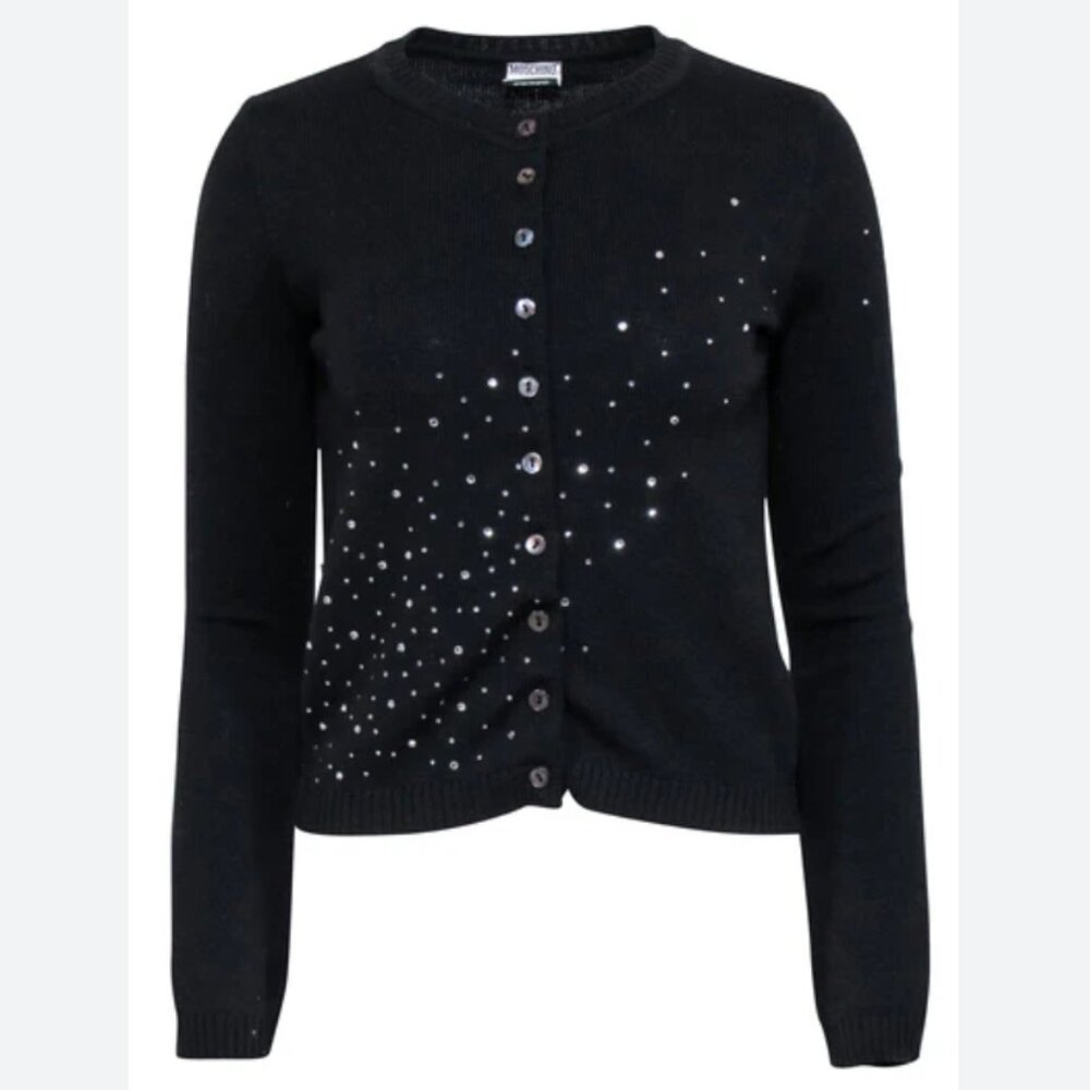 Auc Moschno Rhinestones embellished Lana Wool Black cardigan S - Picture 6 of 14
